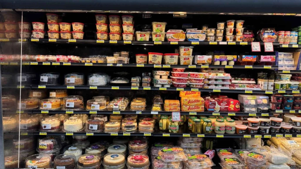 Refrigerated deli case with cheeses, dips, salads and grab-and-go items at Butcher & Farmer Market in Buckeye, AZ.