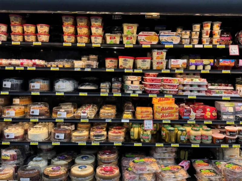 Refrigerated deli case with cheeses, dips, salads and grab-and-go items at Butcher & Farmer Market in Buckeye, AZ.