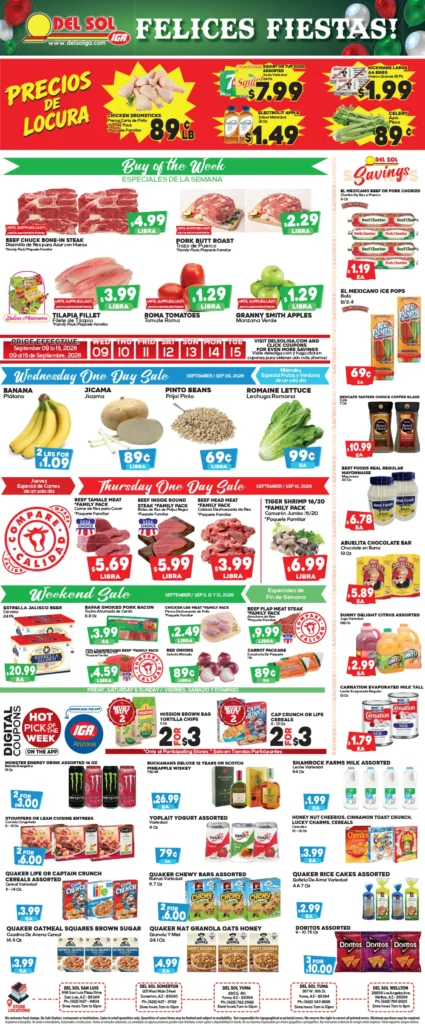 Del Sol IGA weekly ad page 1, September 9–15, 2026: Felices Fiestas specials on beef chuck steak, pork butt roast, tilapia, Roma tomatoes and Granny Smith apples, plus one-day and weekend sales.