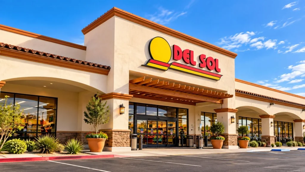 Illustration of a Del Sol grocery store exterior with the red and yellow Del Sol sign, tan stucco arches and a landscaped entrance under a blue sky