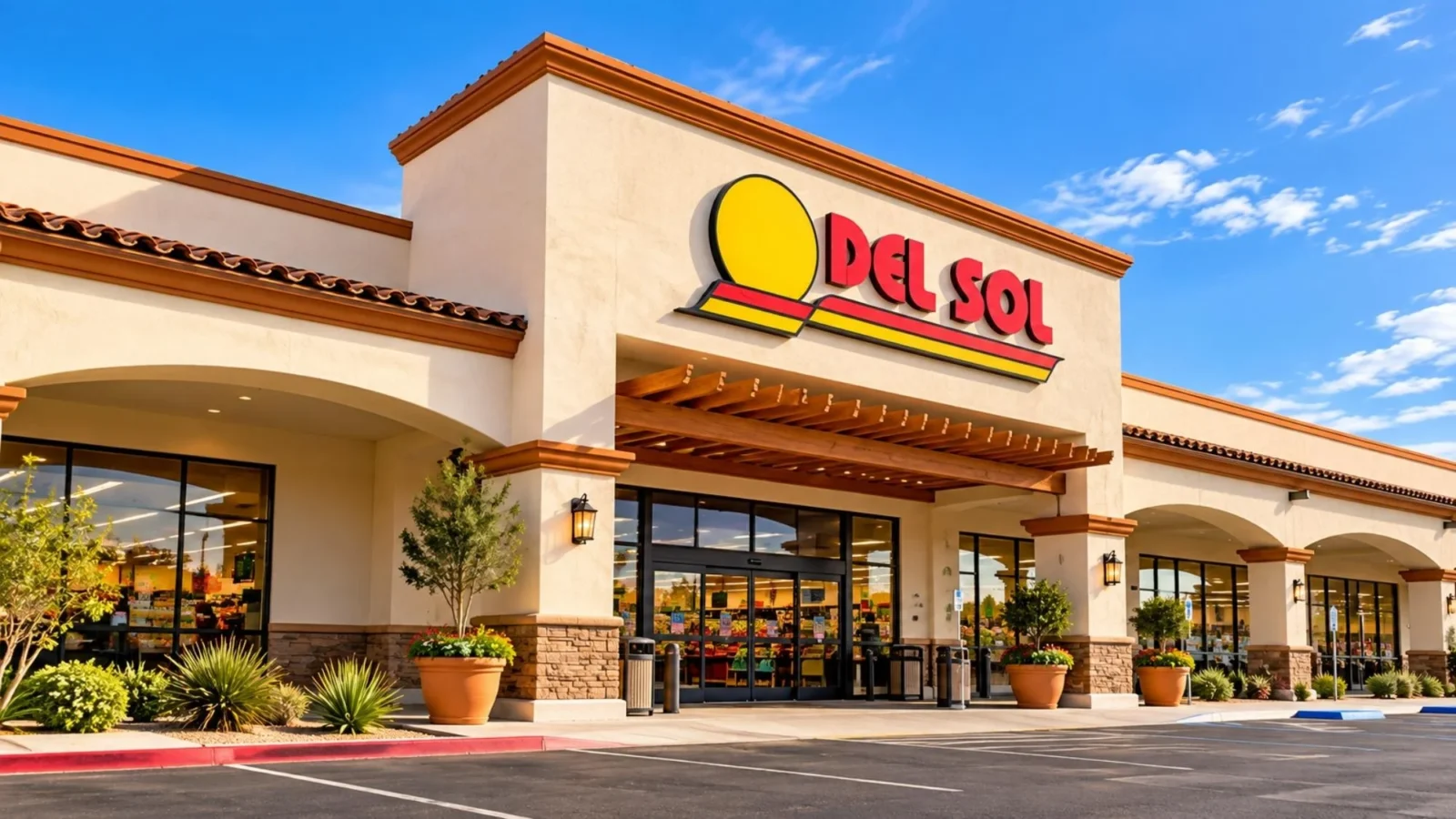 Illustration of a Del Sol grocery store exterior with the red and yellow Del Sol sign, tan stucco arches and a landscaped entrance under a blue sky