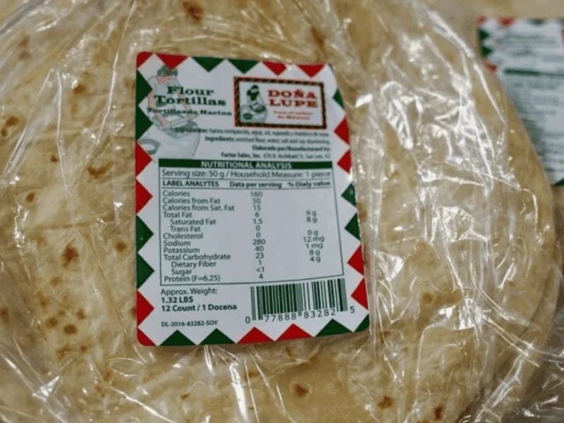 Close-up of a package of Doña Lupe flour tortillas at Del Sol in San Luis, AZ