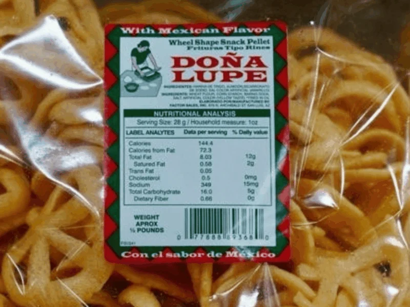 Bag of Doña Lupe wheel-shaped wheat snacks (duros) with Mexican flavor at Del Sol in San Luis, AZ