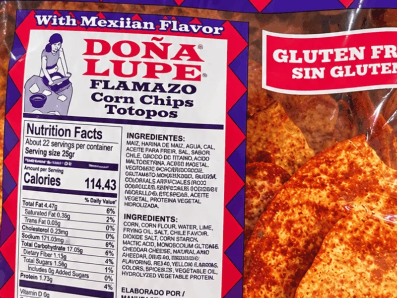 Doña Lupe Flamazo spicy corn chips (totopos), gluten free, at Del Sol in San Luis, AZ