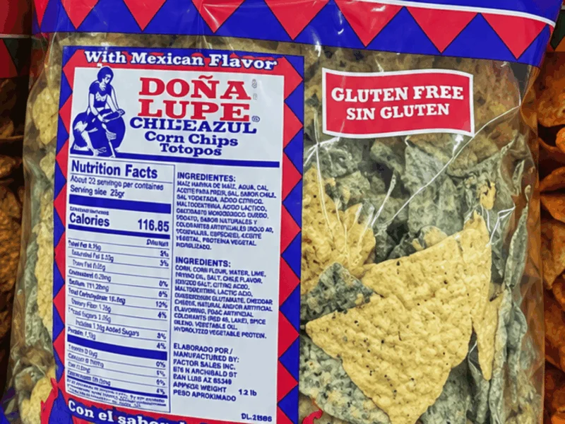 Doña Lupe Chile Azul corn chips (totopos), gluten free, at Del Sol in San Luis, AZ