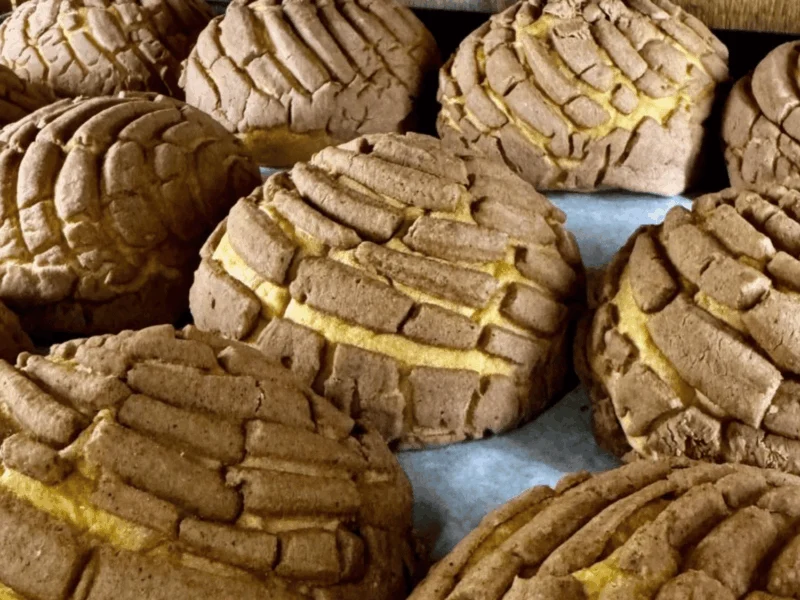 Fresh conchas (Mexican sweet bread) in the bakery at Del Sol Market in San Luis, AZ