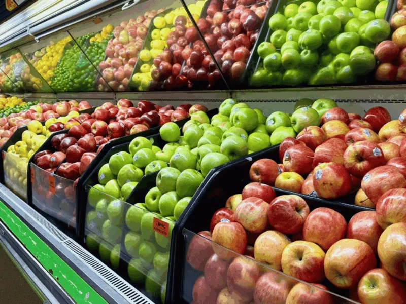 Fresh apples and pears in the produce department at Del Sol Market in San Luis, AZ