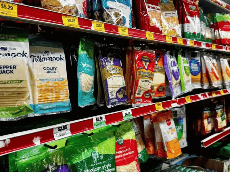 Shredded cheeses including Tillamook in the deli and cheese aisle at Del Sol on 4th Avenue in Yuma, AZ