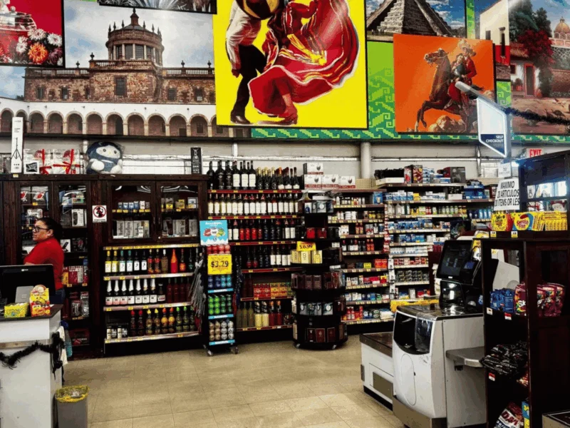 Liquor department with colorful murals and checkout at Del Sol on 4th Avenue in Yuma, AZ