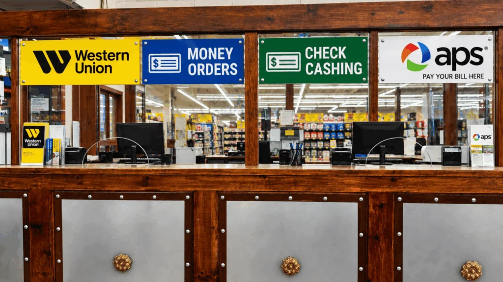Services counter offering Western Union, money orders, check cashing and APS bill pay at Del Sol on 4th Avenue in Yuma, AZ