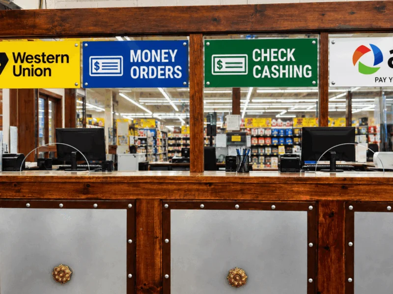 Services counter offering Western Union, money orders, check cashing and APS bill pay at Del Sol on 4th Avenue in Yuma, AZ