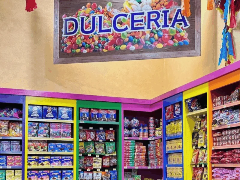 Colorful Dulcería candy aisle stocked with Mexican candies at Del Sol in the Yuma Foothills, AZ