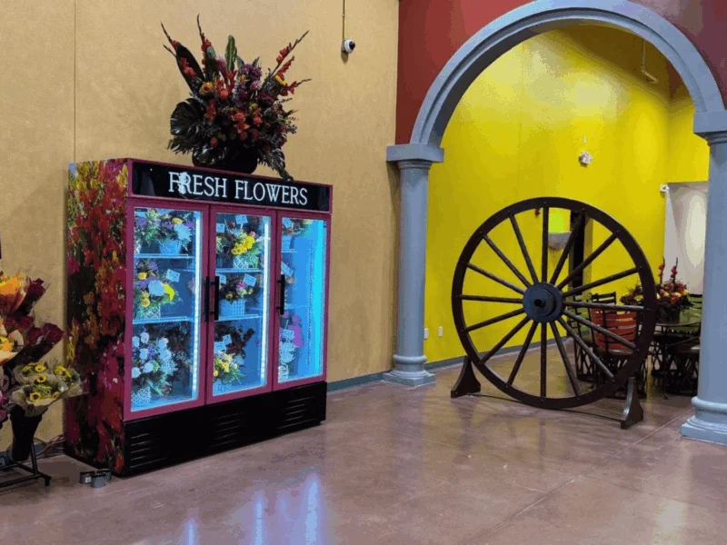 Fresh Flowers cooler with bouquets in the floral department at Del Sol in the Yuma Foothills, AZ