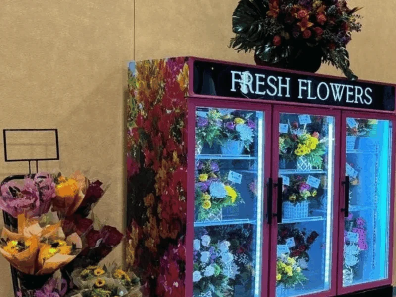 Fresh Flowers cooler with bouquets in the floral department at Del Sol in the Yuma Foothills, AZ
