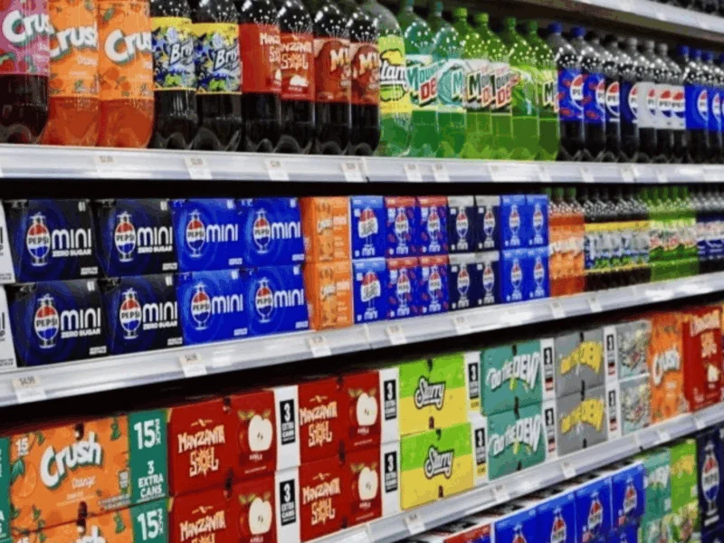 Soda aisle stocked with 2-liter bottles and 12-packs at Del Sol in the Yuma Foothills, AZ