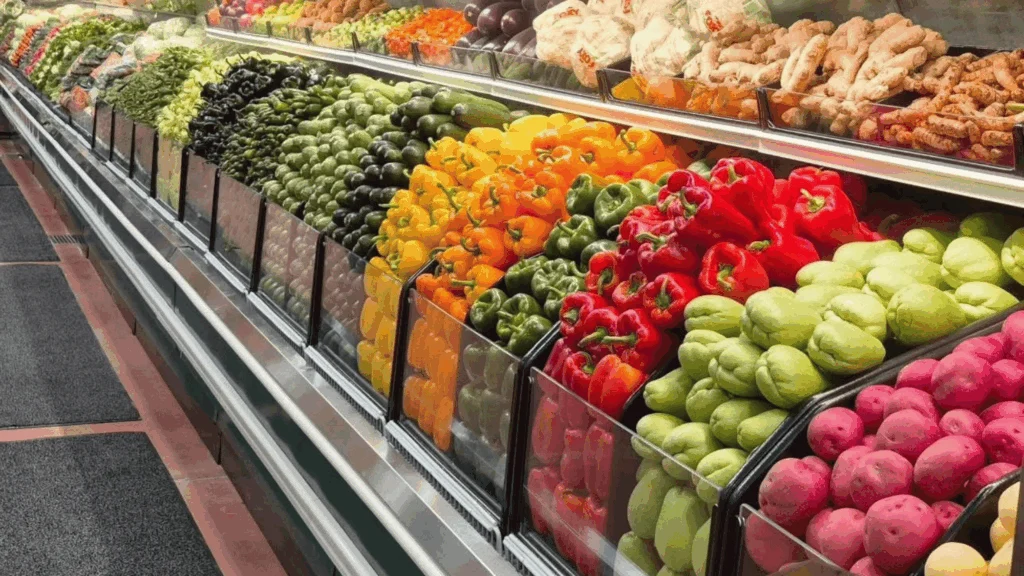Fresh bell peppers, apples and fruit in the produce department at Del Sol in the Yuma Foothills, AZ