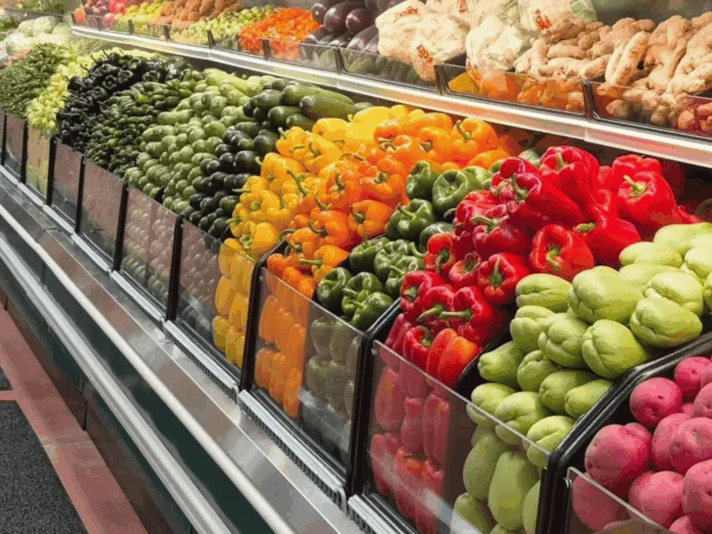 Fresh bell peppers, apples and fruit in the produce department at Del Sol in the Yuma Foothills, AZ