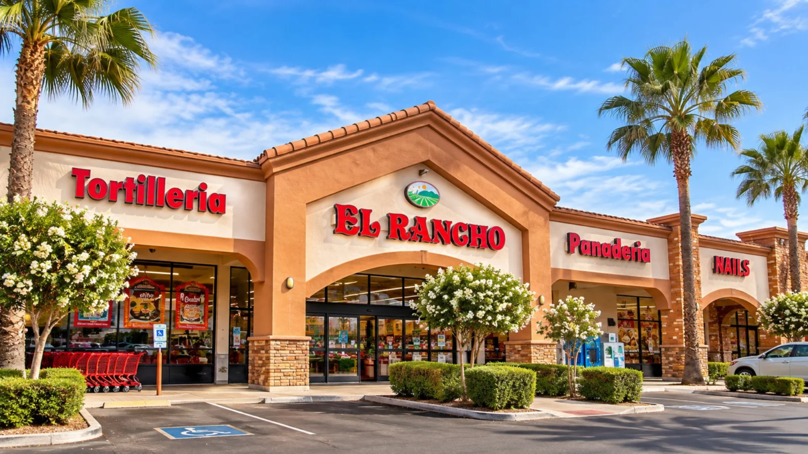 El Rancho Market IGA storefront with Tortillería and Panadería signs, a family-owned Mexican grocery store in Chandler, Arizona
