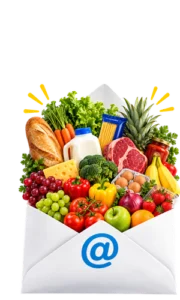 Email envelope overflowing with fresh groceries