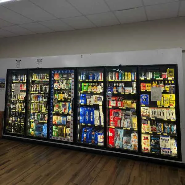 Coolers stocked with energy drinks, juices and cold beverages at Food Town IGA in Eloy