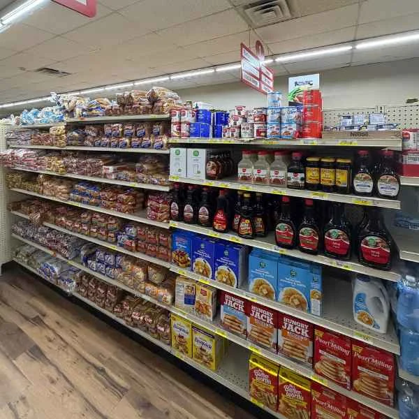 Shelves of syrup, pancake mix, bread and cereal at Food Town IGA in Eloy