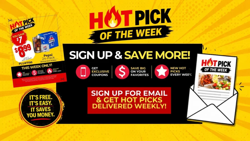 Hot Pick of the Week graphic that says Sign up and save more: get exclusive coupons, save big on your favorites and new Hot Picks every week. Sign up for email and get Hot Picks delivered weekly. It's free, it's easy, it saves you money.