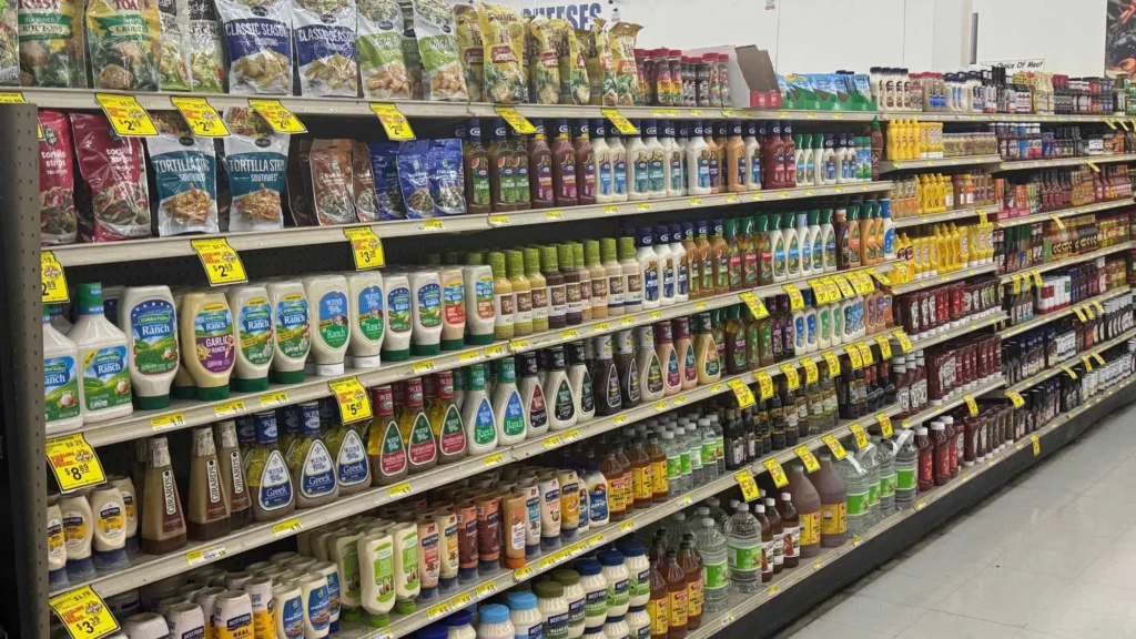 Grocery aisle stocked with salad dressings, sauces and condiments with yellow sale tags