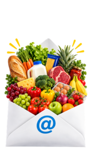 Open email envelope overflowing with fresh groceries, representing Garrett's IGA Hot Picks and weekly ad deals sent by email in Rio Rico, AZ