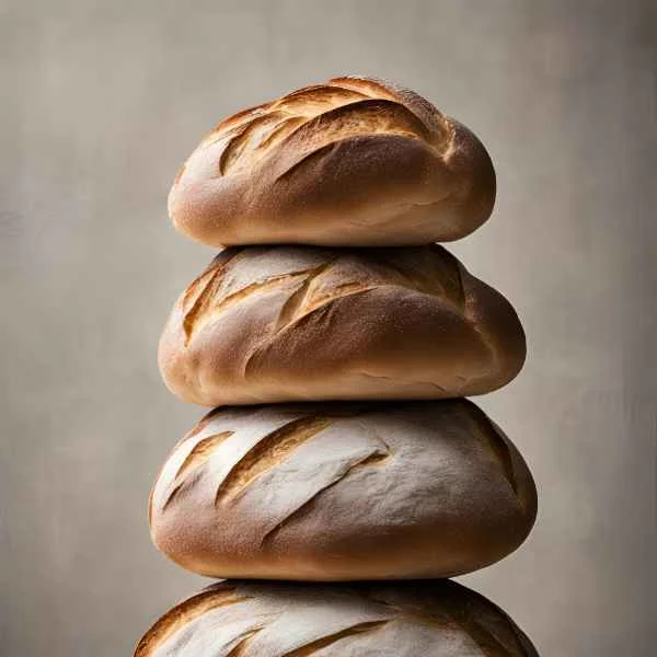 Stack of round golden-brown artisan bread loaves