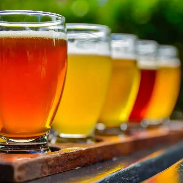 Row of glasses filled with light to amber beers on a wooden serving board