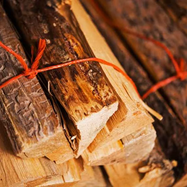 Bundles of split firewood tied with twine