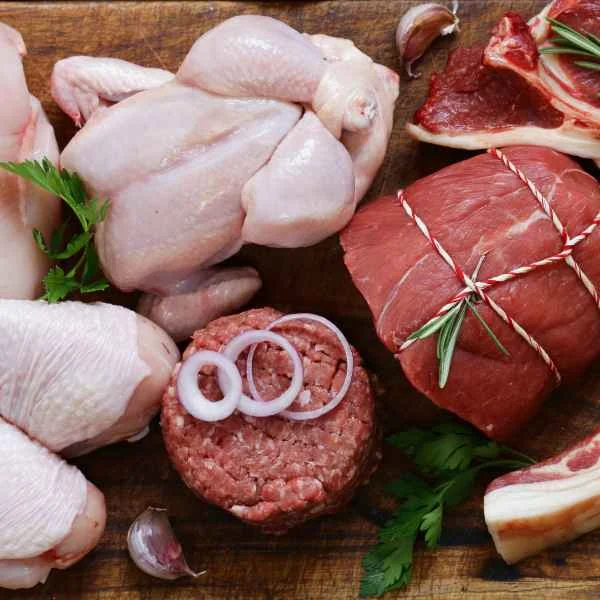 Fresh raw beef, chicken and ground meat with onions and herbs