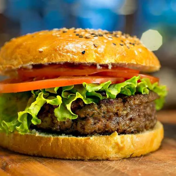 Cheeseburger with lettuce, tomato and onion on a sesame bun