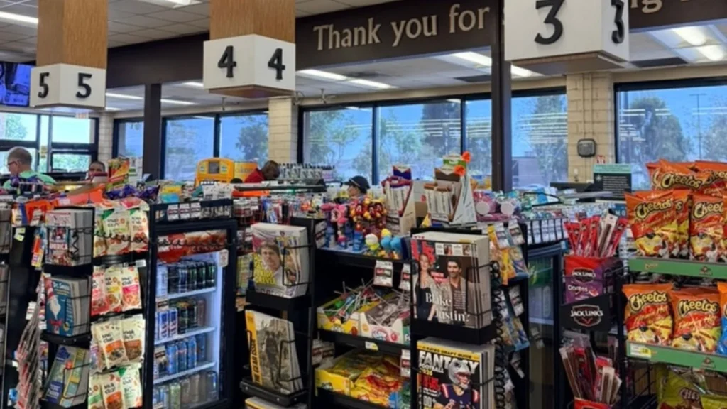 Checkout lanes at Keil's Fresh Food Store with numbered registers and a thank-you sign