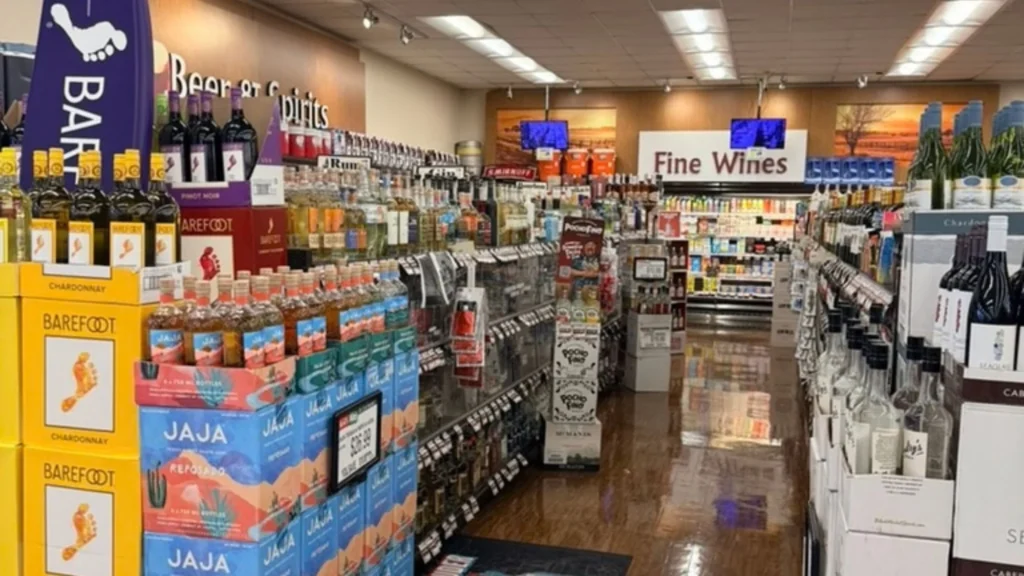 Keil's beer and spirits department with a Fine Wines section and wood floors