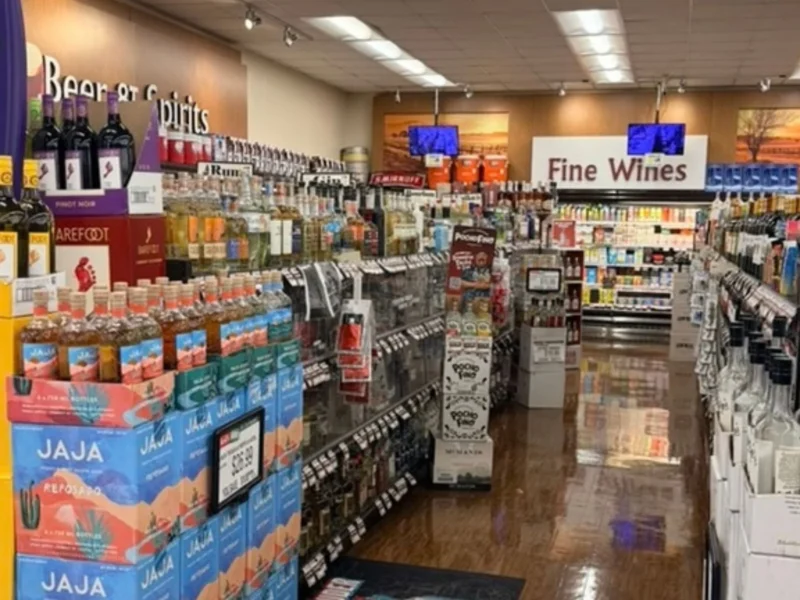 Keil's beer and spirits department with a Fine Wines section and wood floors