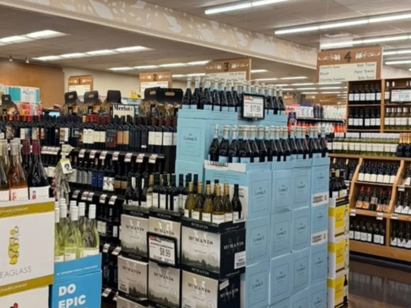Wine bottles on displays and wooden wine racks in the Keil's beverage department