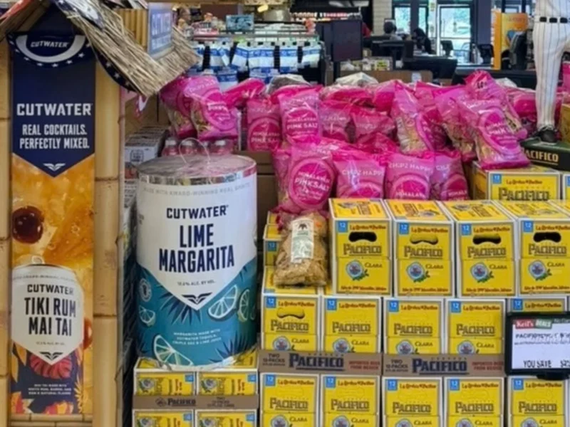 Display of ready-to-drink cocktails and cases of Mexican beer at Keil's