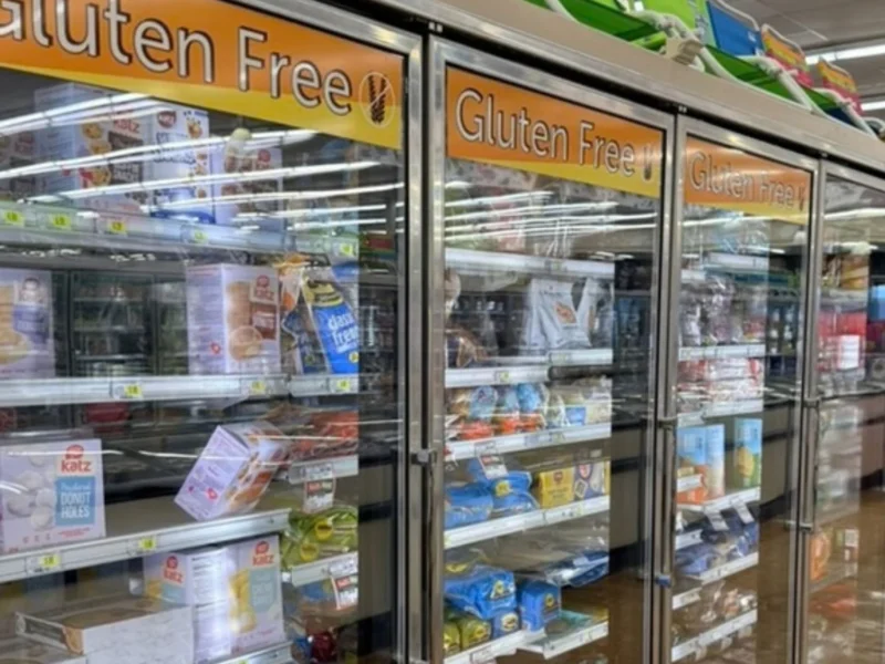 Row of freezer doors labeled Gluten Free with gluten-free frozen foods