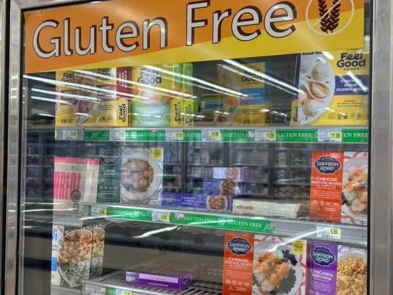 Close-up of a Gluten Free freezer door with frozen gluten-free products