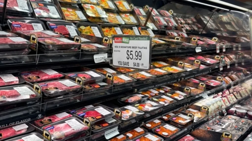 Meat case of fresh beef cuts and Keil's signature beef fajitas