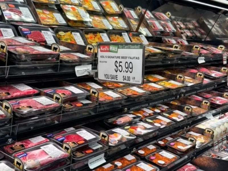 Meat case of fresh beef cuts and Keil's signature beef fajitas
