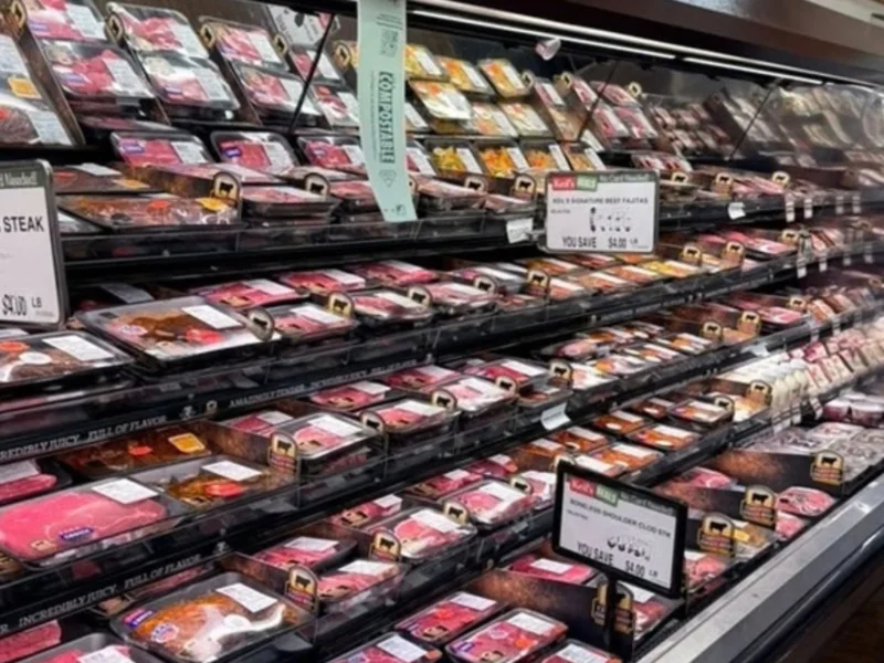 Long refrigerated case of fresh beef and steaks in the Keil's meat department