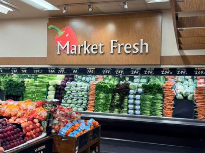 Market Fresh produce wall with leafy greens, carrots and stone fruit