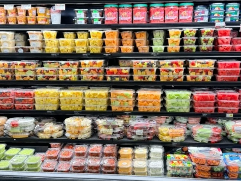 Refrigerated case stocked with fresh-cut fruit cups and fruit trays in the Keil's produce department