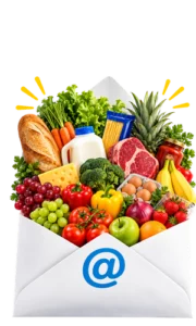 Fresh produce, meat, bread, milk and groceries in an email envelope for Norm's IGA weekly ad email sign-up in Kearny, AZ