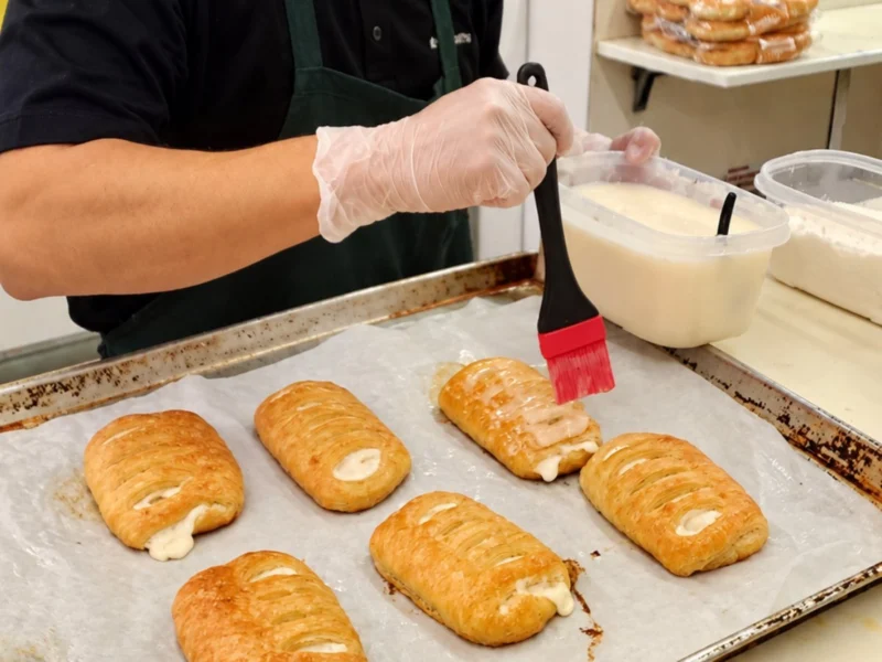 Norm's IGA baker brushing glaze on fresh-baked cheese Danishes