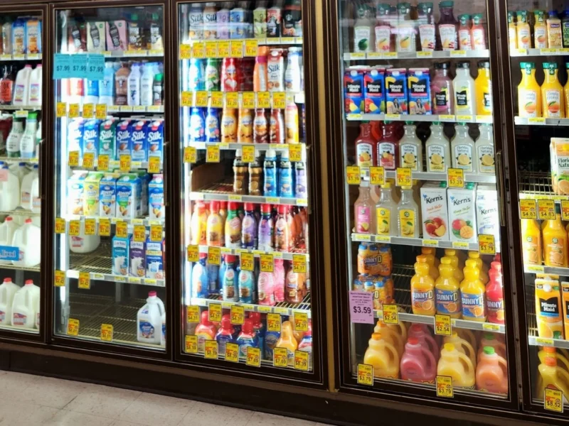 Dairy coolers stocked with milk, juice and creamer