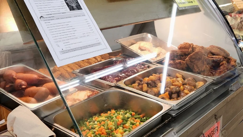 Hot deli case with ready-to-eat meals