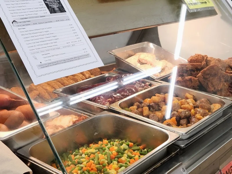 Hot deli case with ready-to-eat meals